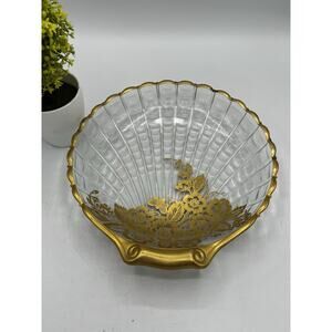 Vintage Clear Glass Scallop Shell Bowl Gold Rim Gilt Floral Butterfly 9 Inch